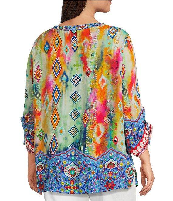 John Mark Plus Size Embroidered Printed Split V-Neck 3/4 Cinched Sleeve Tassel Tie Front Tunic Product Image
