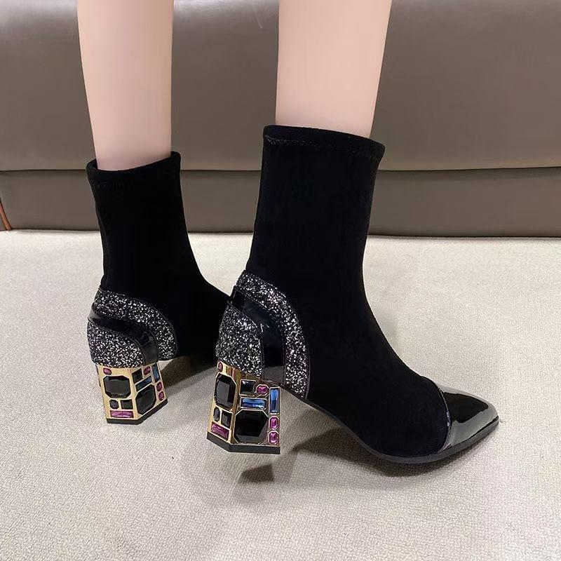 Chunky Heel Pointed Toe Sequin Panel Short Boots Product Image