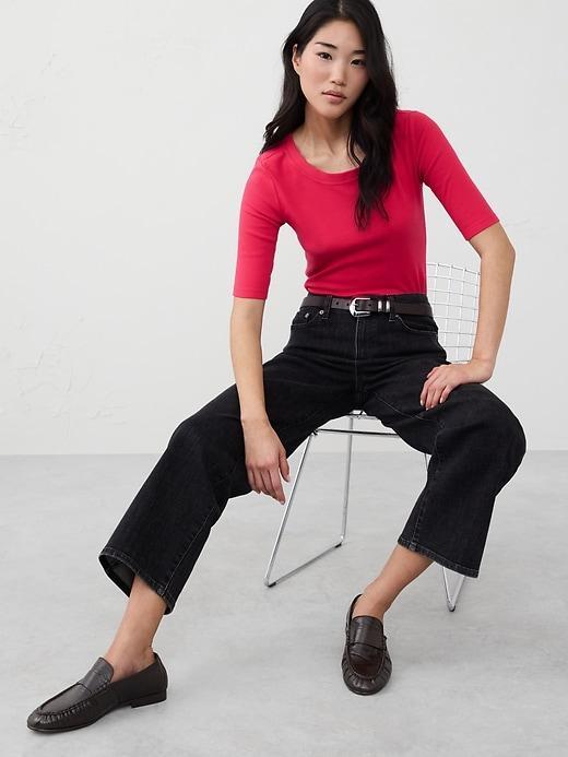 Ribbed Elbow-Sleeve T-Shirt Product Image