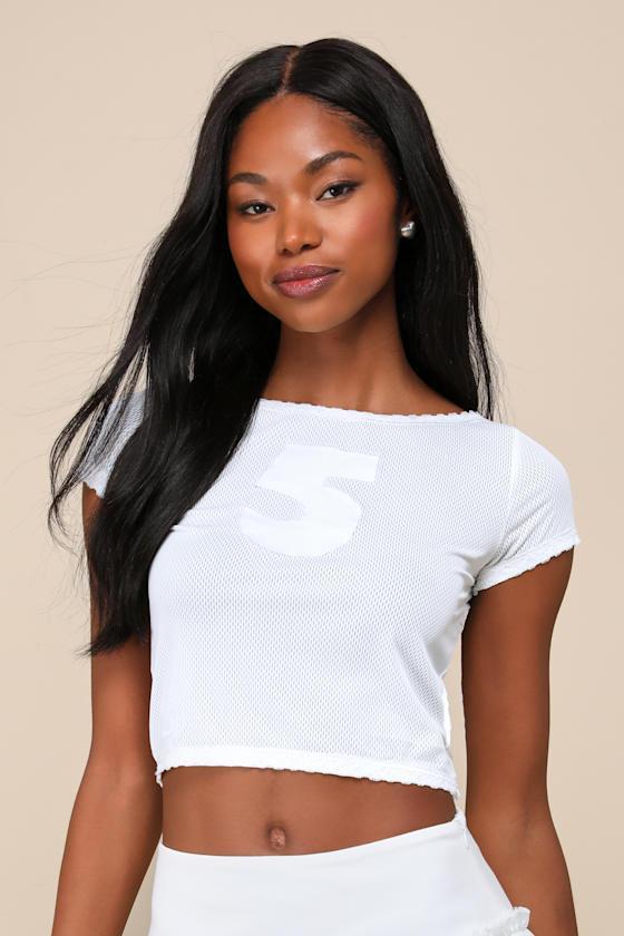 Play Me Five White Athletic Mesh Lace Cropped Cap Sleeve Top Product Image