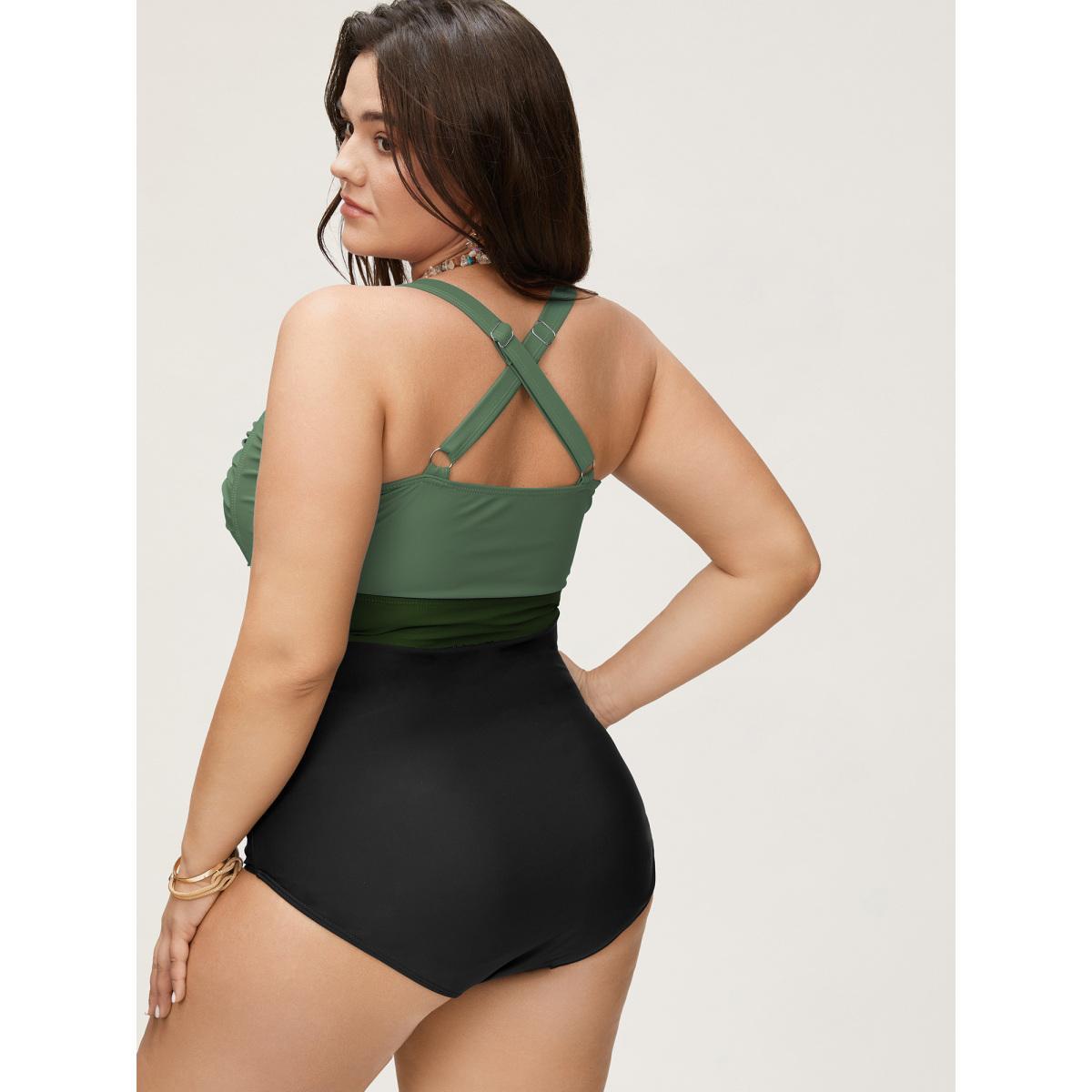 Plus Size Contrast Twist Front Tummy-Control One Piece Swimsuit Women's Swimwear ArmyGreen Resort Non Curve Bathing Suits High stretch One Pieces BloomChic 26/4X Product Image