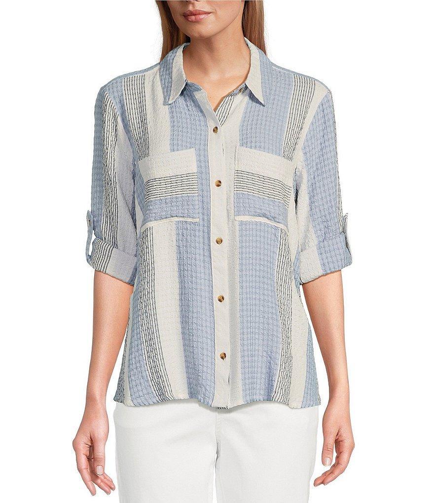 Intro Woven Stripe Point Collar Long Roll-Tab Sleeve Button Front Shirt Product Image
