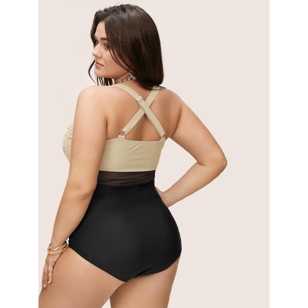 Plus Size Contrast Twist Front Tummy-Control One Piece Swimsuit Women's Swimwear LightBrown Beach Non Curve Bathing Suits High stretch One Pieces BloomChic 12/L Product Image