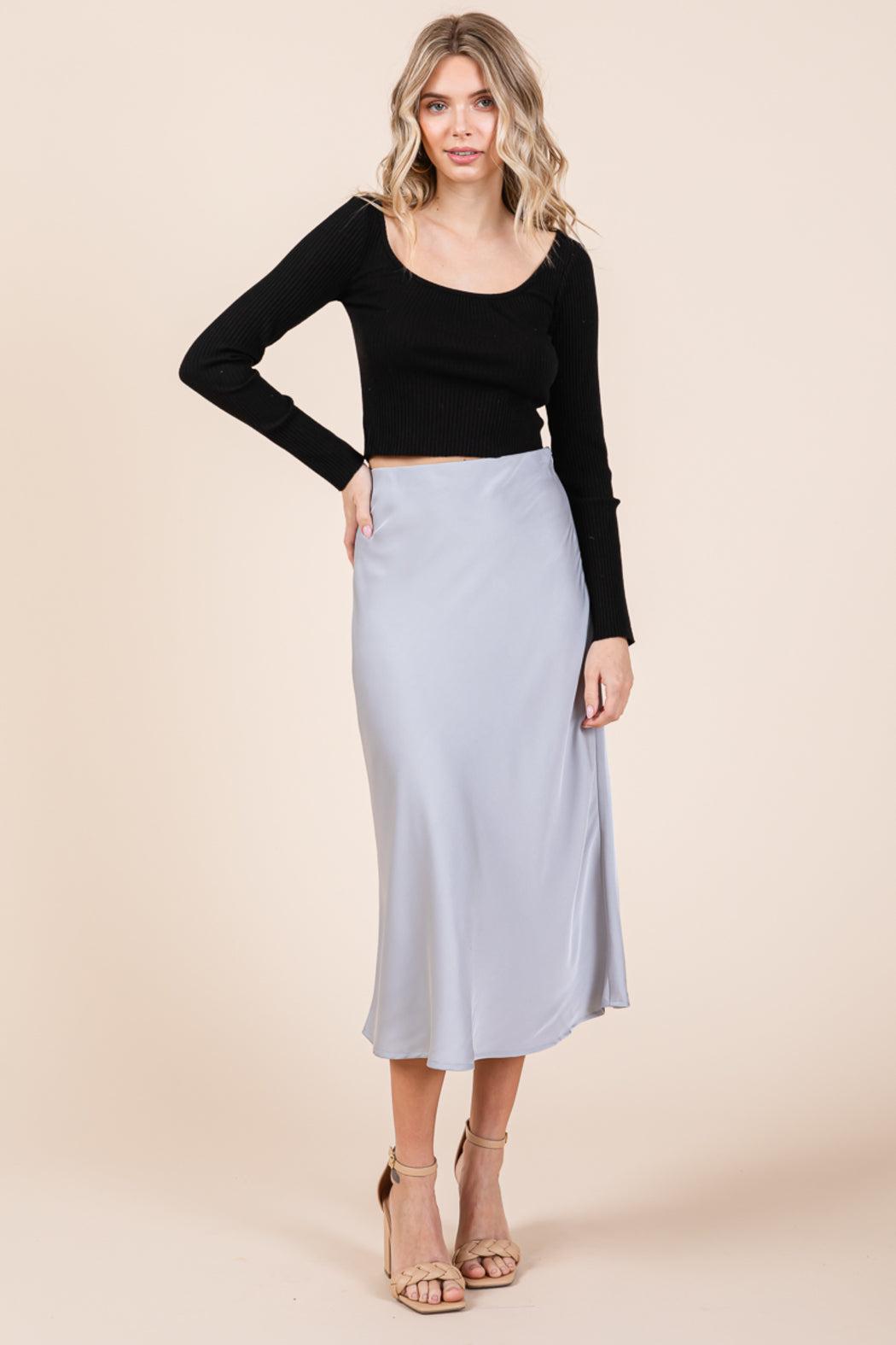 High Waist Satin A Line Midi Skirt Product Image