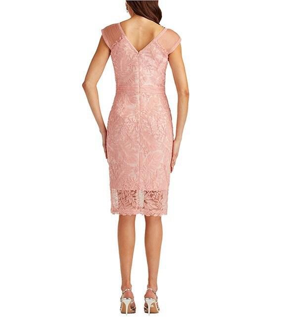Tadashi Shoji V-Neck Sleeveless Corded Lace Illusion Hem Sheath Dress Product Image