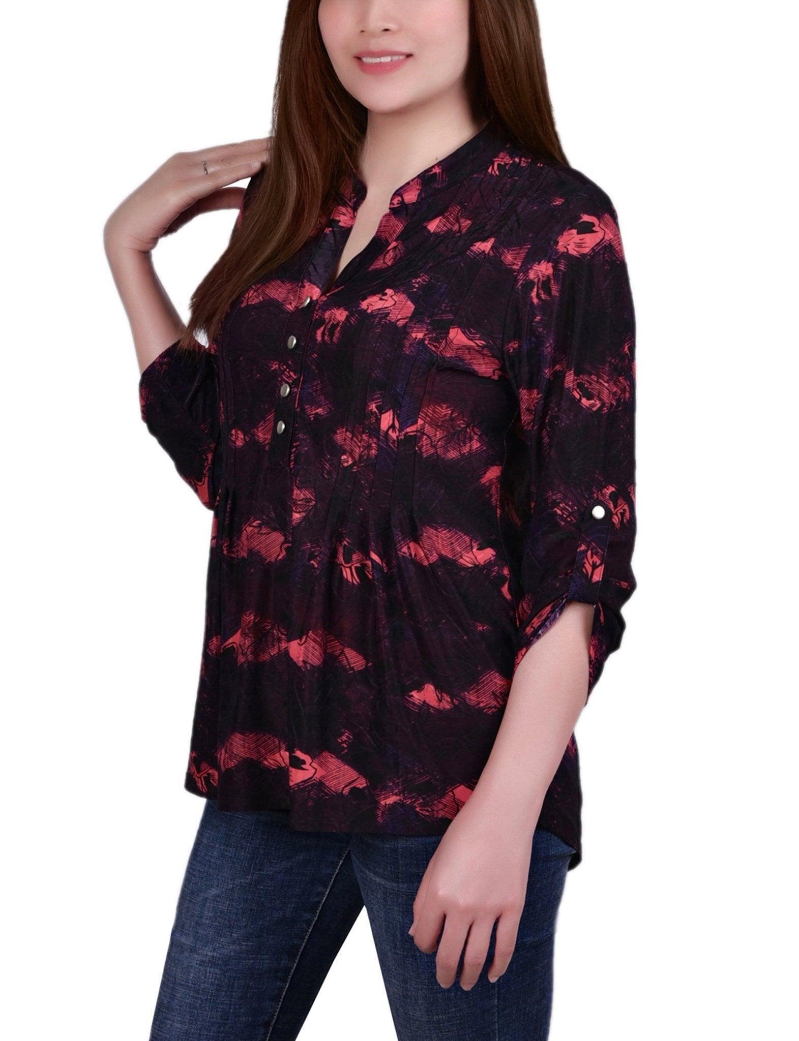 Red Milaflor 3/4 Sleeve Roll Tab Y Neck Top Product Image