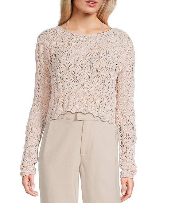 Double Zero Scoop Neck Long Sleeve Crochet Sweater Top Product Image