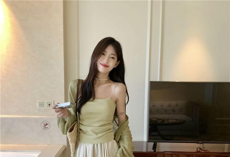 Plain Ruched Camisole Top / Midi Open Front Cardigan / High Rise Plain Maxi A-Line Skirt Product Image