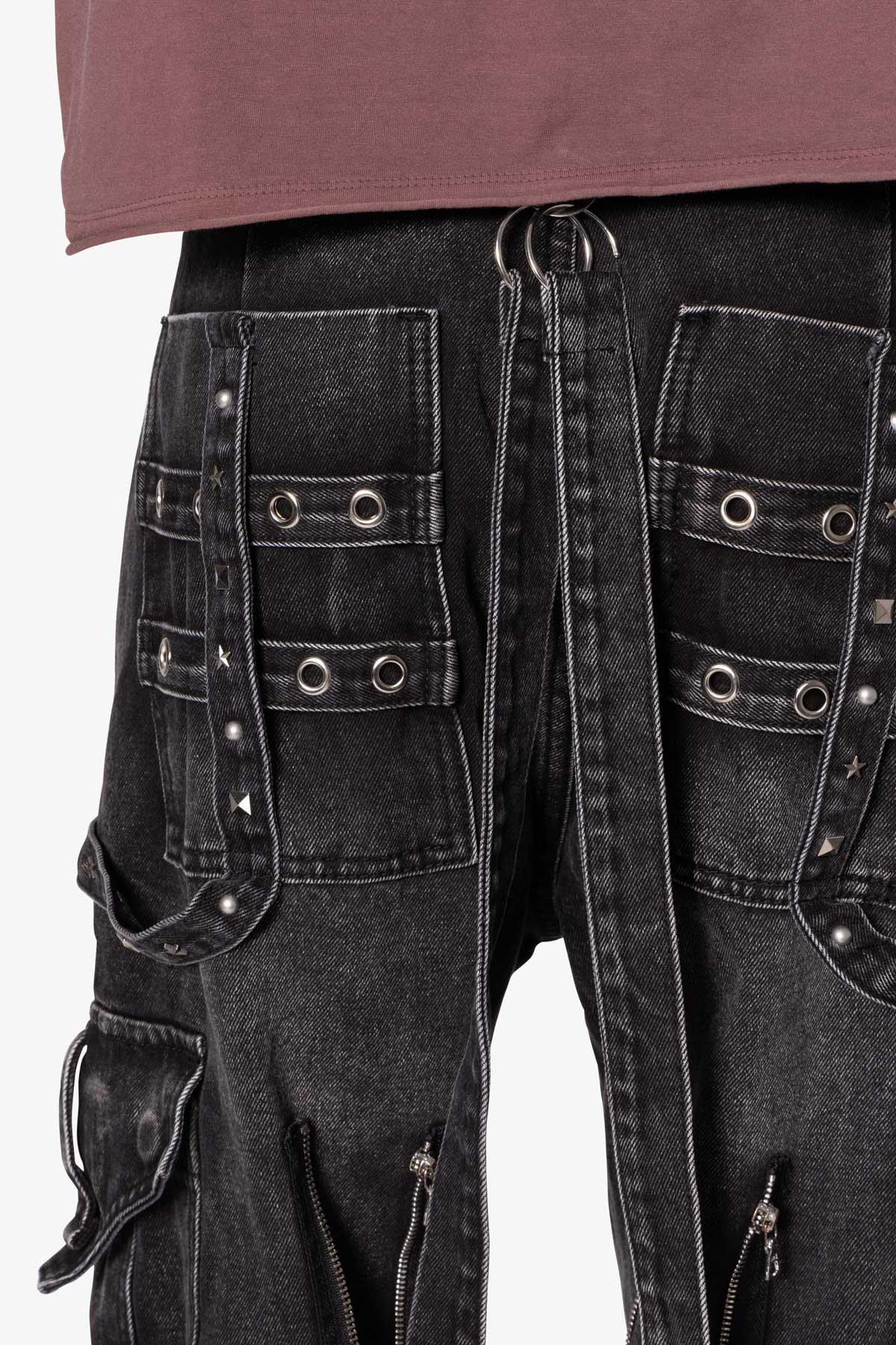 Ultra Baggy Studded Cargo Denim - Washed Black Product Image