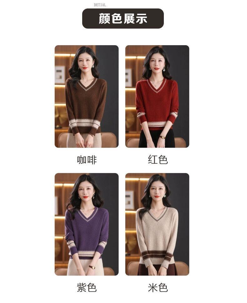 Long-Sleeve V-Neck Two Tone Knit Top Product Image