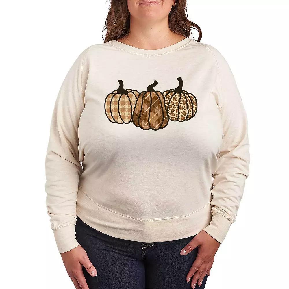 Plus Size Brown Plaid Pumpkins French Terry Long Sleeve Tee, Women's, Size: 1XL, Beige Product Image