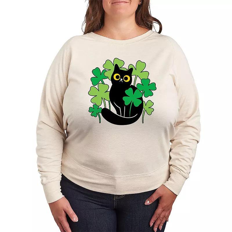 Plus Size Black Cat In Clover Patch Lightweight French Terry Sweatshirt, Womens Product Image