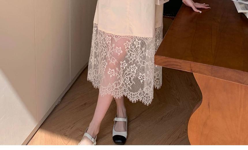 Maternity Short-Sleeve Round Neck Plain Lace Panel Midi A-Line Dress Product Image
