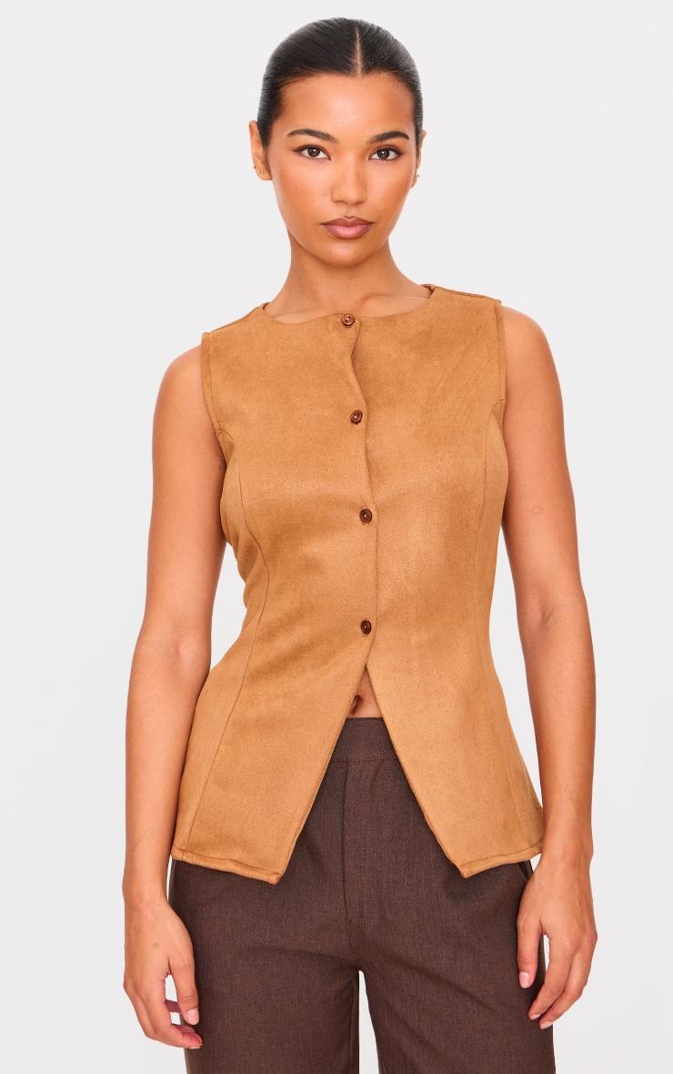 Tan Longline Faux Suede Vest Product Image