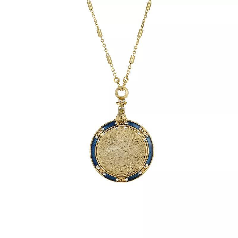 1928 Gold Tone Blue Enamel & Clear Crystal Zodiac Pendant Necklace, Womens, Piscees Product Image