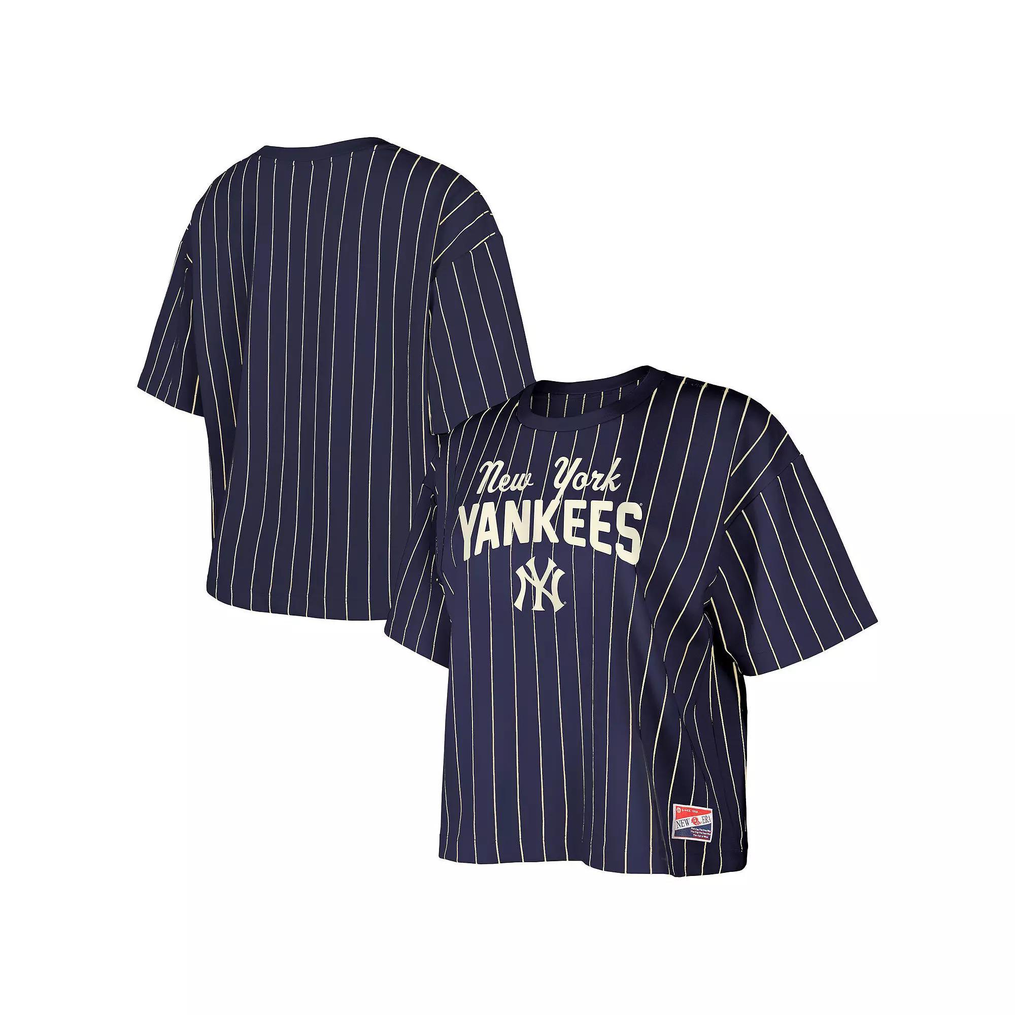 Women's New Era Navy New York Yankees Cooperstown Collection Multiplier Pinstripe Cropped T-Shirt, Size: XL, Blue Product Image