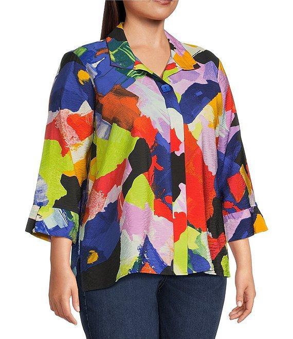 Ali Miles Plus Size Woven Abstract Print Point Collar 3/4 Sleeve Button Front Tunic Product Image