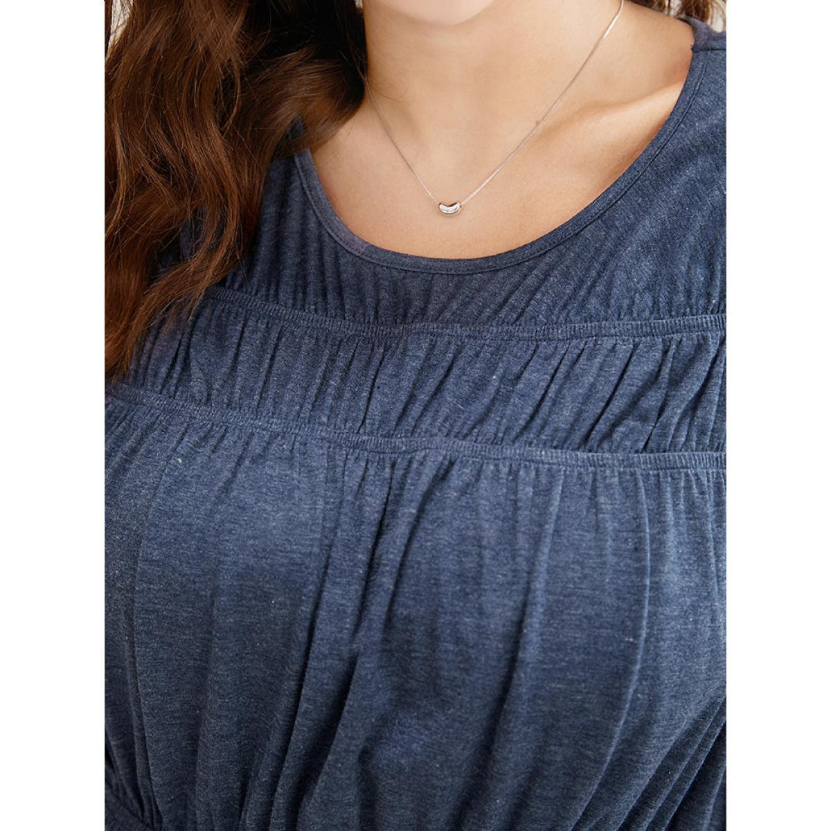 Plus Size Plain Gathered Pocket Round Neck Ruffle Sleeve Dress DarkBlue Women Office Gathered Round Neck Short sleeve Curvy Midi Dress BloomChic 18-20/2X Product Image