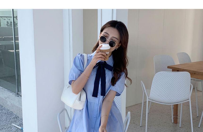 Maternity Short-Sleeve Collared Bow Tie A-Line Shirt Dress Product Image