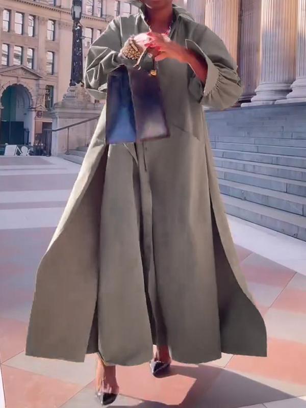 Long Sleeves Loose Solid Color Split-Joint Split-Side Lapel Maxi Dresses Shirt Dress Product Image