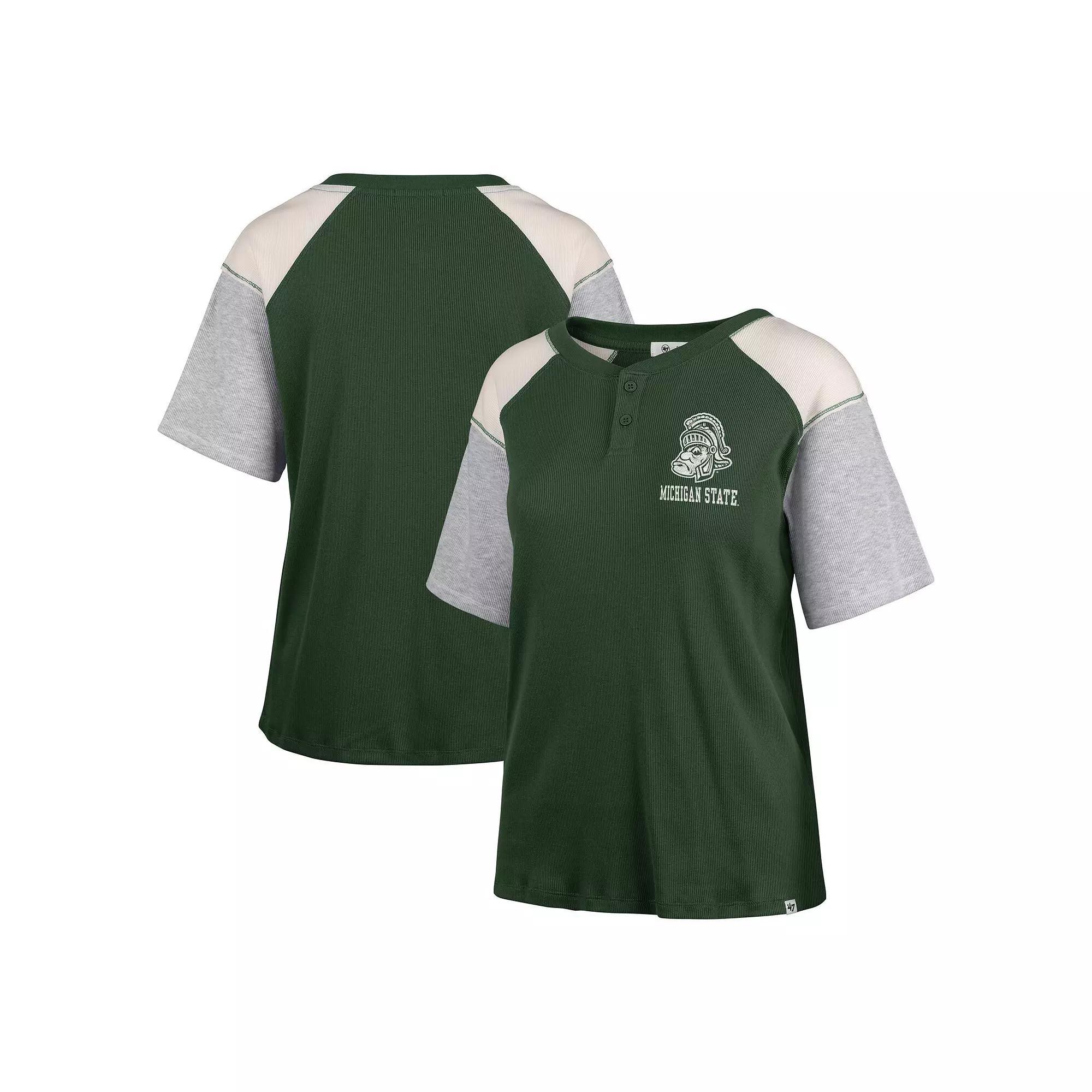 Women's '47 Green Michigan State Spartans Underline Harvey Colorblock Raglan Henley T-Shirt,  Product Image