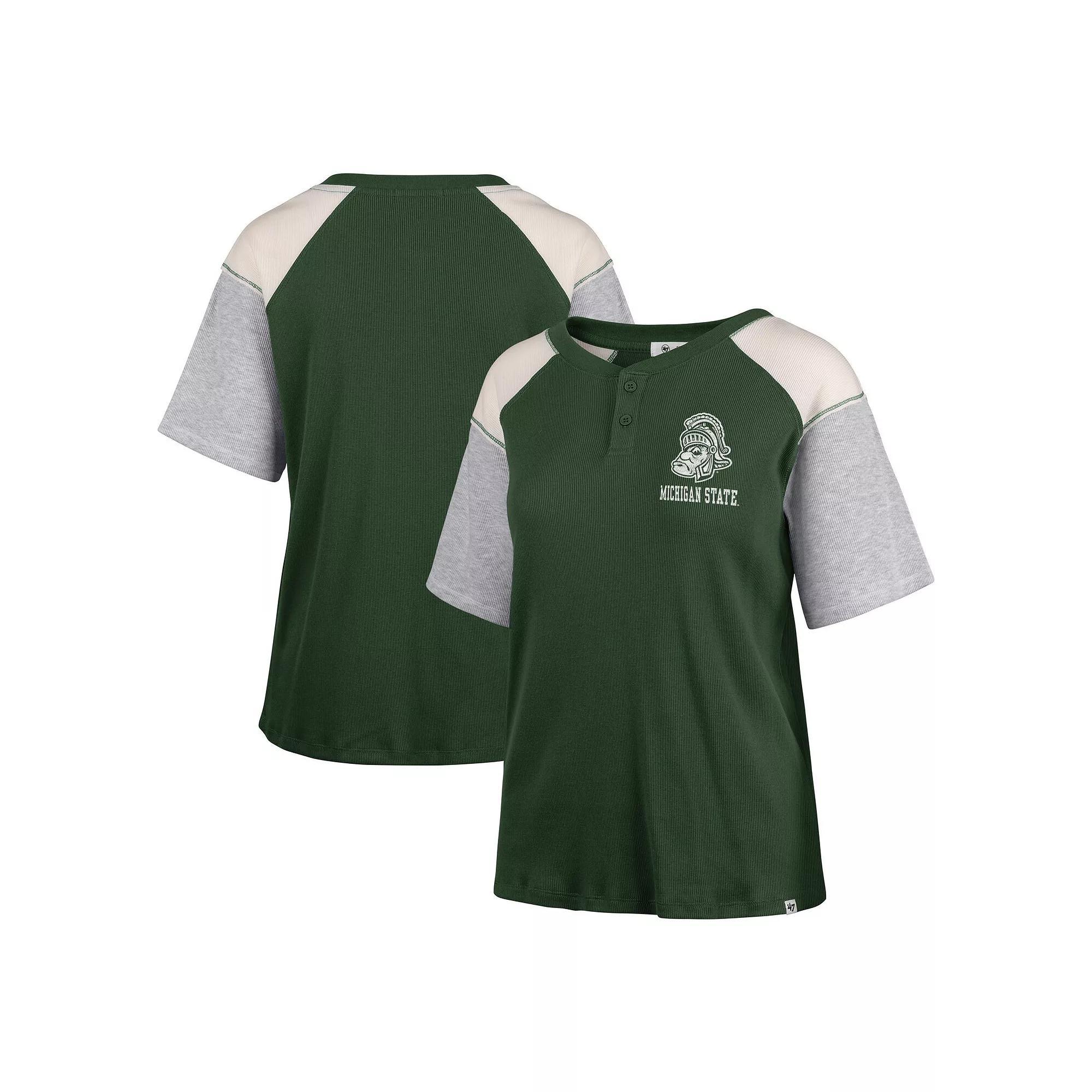 Women's '47 Green Michigan State Spartans Underline Harvey Colorblock Raglan Henley T-Shirt,  Product Image
