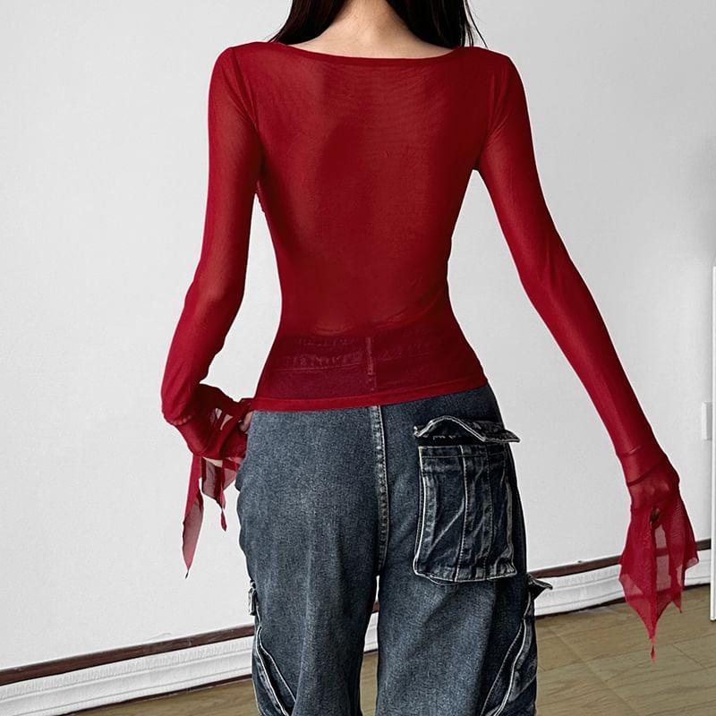 Long Sleeve Boat Neck Plain Panel Mesh Top Product Image