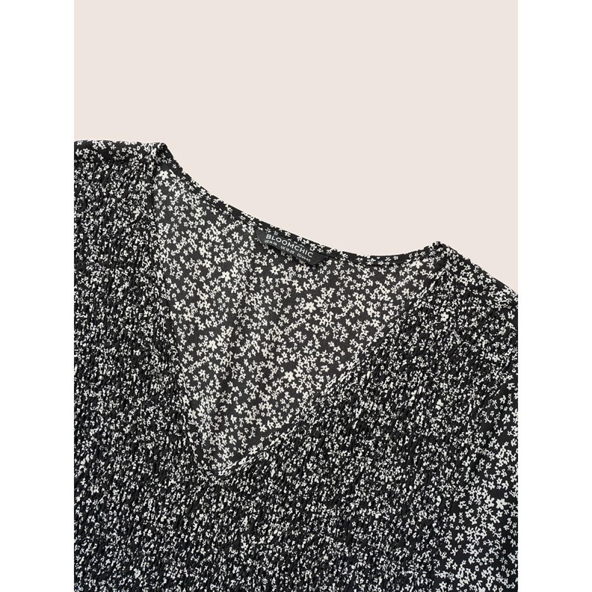 Plus Size Black Ditsy Floral Shirred Ruffle Sleeve Elastic Waist Blouse Women Timeless Short sleeve V-neck Elegant Blouses BloomChic 28/5X Product Image