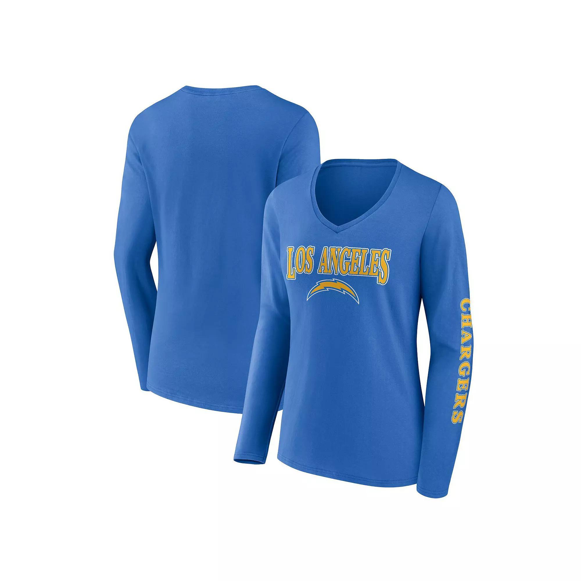 Women's Fanatics Branded Powder Blue Los Angeles Chargers Wordmark Long Sleeve V-Neck T-Shirt,  Product Image