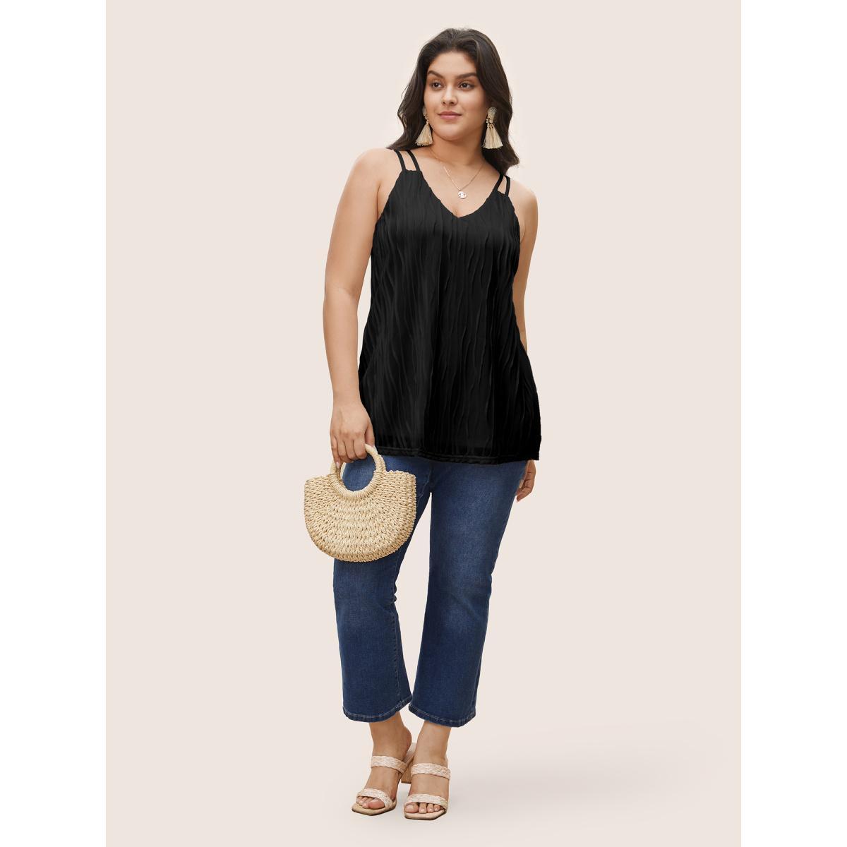 Plus Size Plain Plisse Deep V Neck Cami Top Women Black Elegant Non V-neck Everyday Tank Tops Camis BloomChic 22-24/3X Product Image