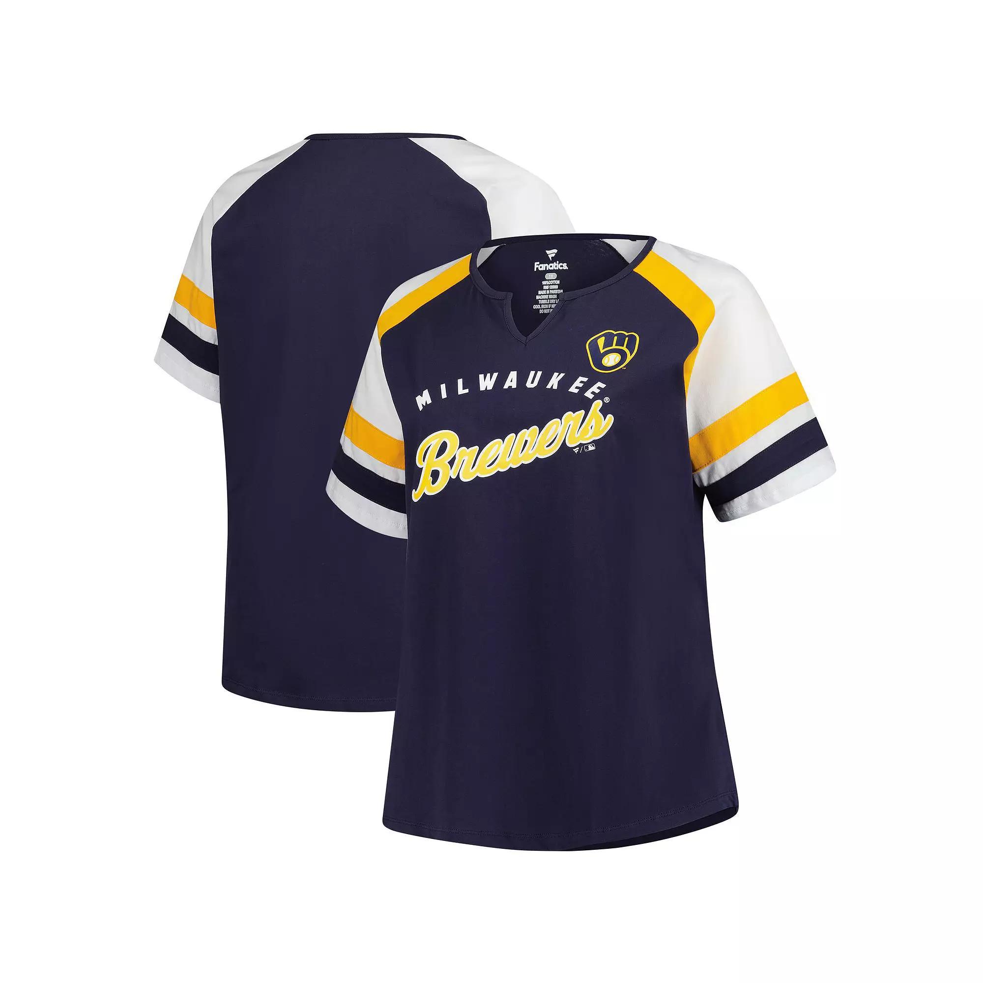 Womens Profile Milwaukee Brewers Plus Sized Arched Notch Neck T-Shirt Blue Product Image