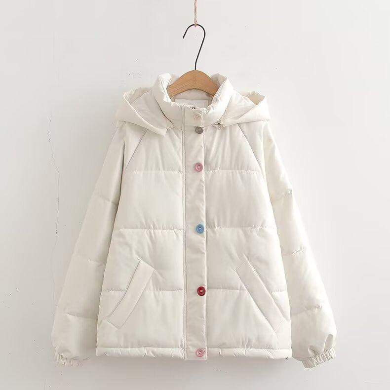 Hooded Stand Collar Button Up Puffer Jacket Product Image