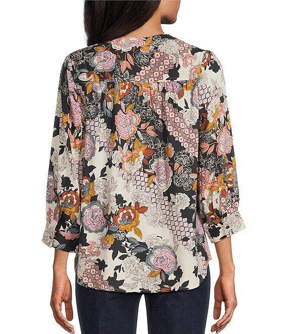 Intro Petite Size Soft Puckered Patch Floral Print Split Round V-Neck 3/4 Sleeve Button Front Shirt Product Image