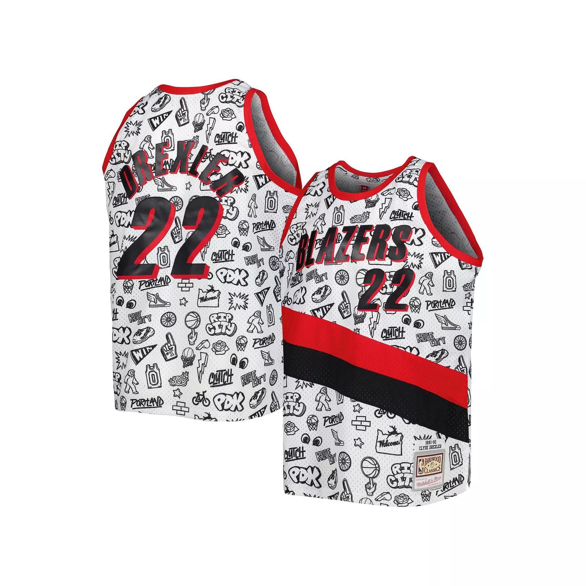 Men's Mitchell & Ness Clyde Drexler White Portland Trail Blazers 1991-92 Hardwood Classics Doodle Swingman Player Jersey, Size: Medium Product Image
