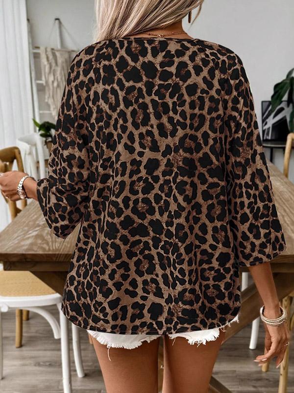 Loose Three-Quarter Sleeves Drawstring Leopard Printed V-Neck Blouses&Shirts Tops Product Image