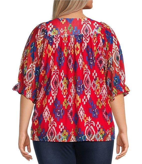 Calessa Plus Size Mesh Knit Ikat Printed Square Neck Elbow Sleeve Tunic Product Image