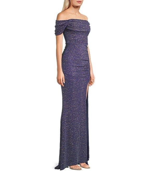 Honey and Rosie Glitter Knit Off-The-Shoulder Front Slit Gown Product Image
