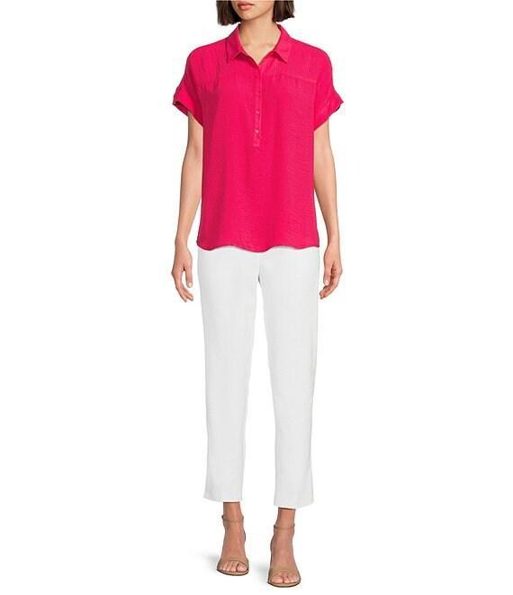 Investments Petite Size Woven Short Sleeve Point Collar Partial Button Front Top Product Image