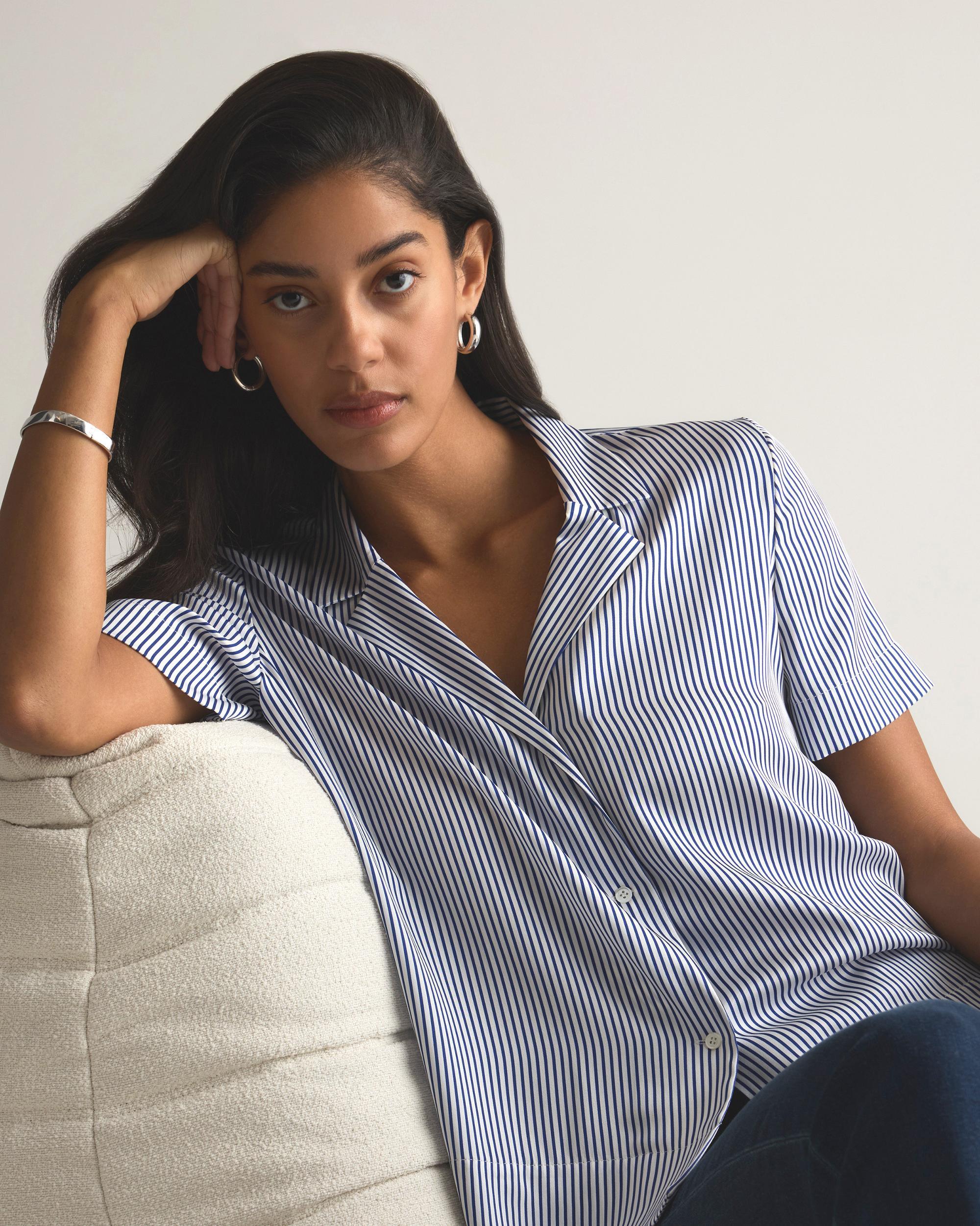 Quince | Women's Washable Stretch Silk Short Sleeve Notch Collar Blouse Mulberry Silk Product Image