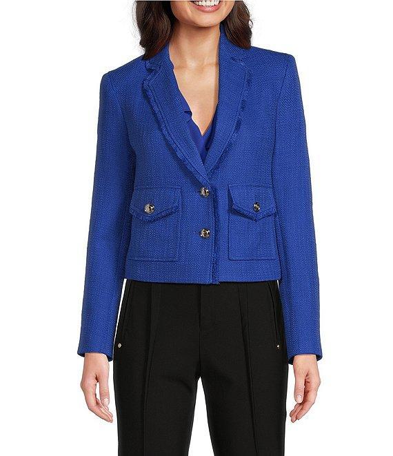 KARL LAGERFELD PARIS Tweed Notch Lapel Long Sleeve Flap Pocket Two-Button Cropped Jacket Product Image