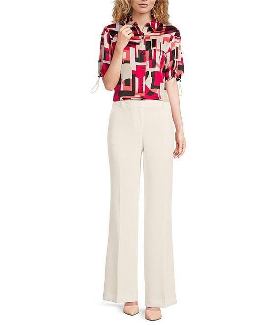 KARL LAGERFELD PARIS Satin Back Crepe-De-Chine Geometric Print Point Collar Short Sleeve Button Front Top Product Image