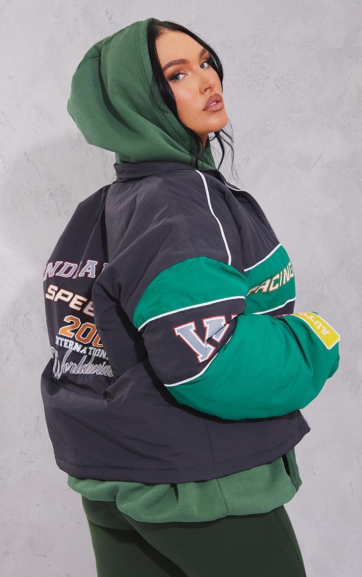 Green Oversized Graphic Zipped Racer Bomber Jacket Product Image