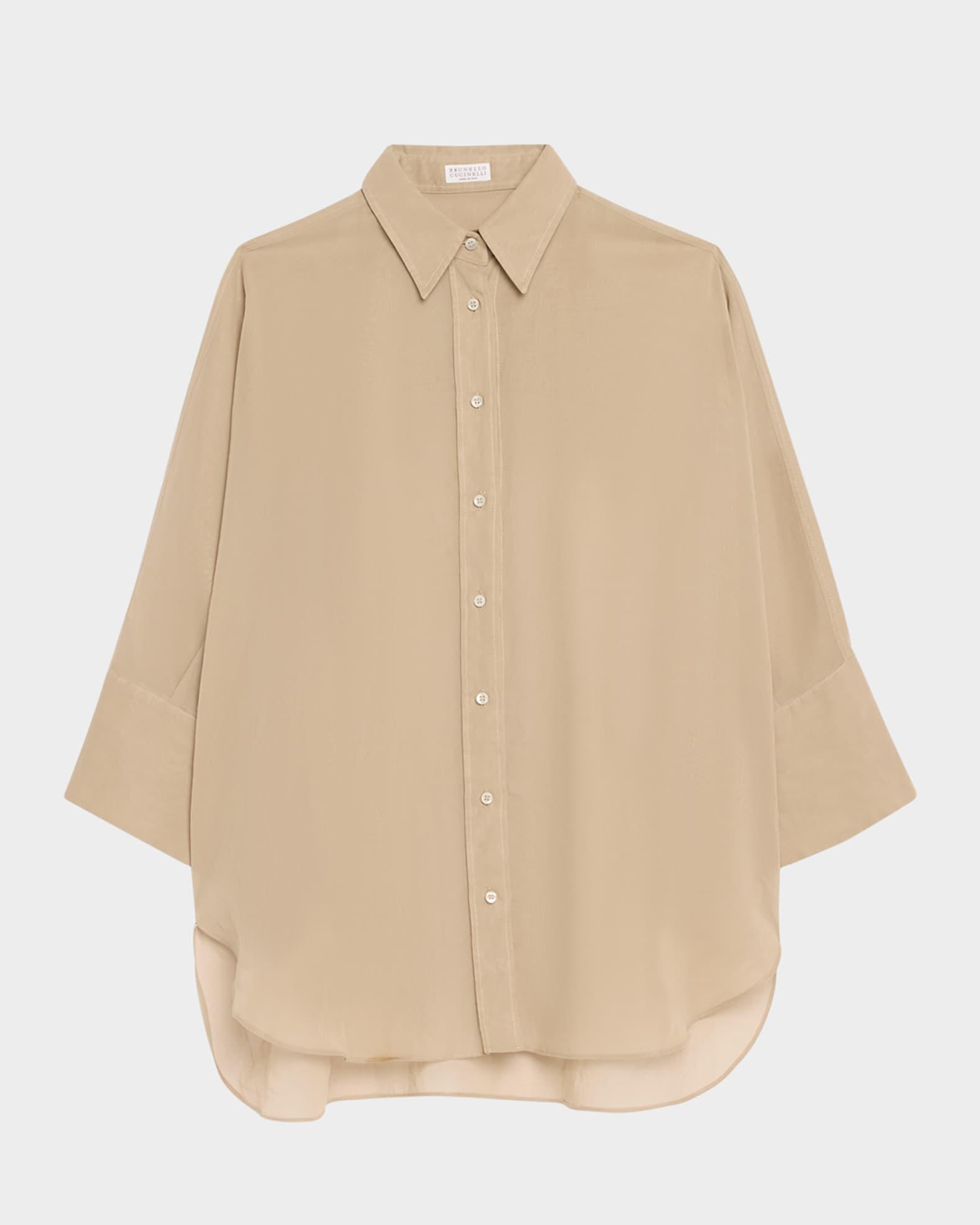 Embroidered-Cuff Cotton Gauze 3/4-Sleeve Shirt Product Image