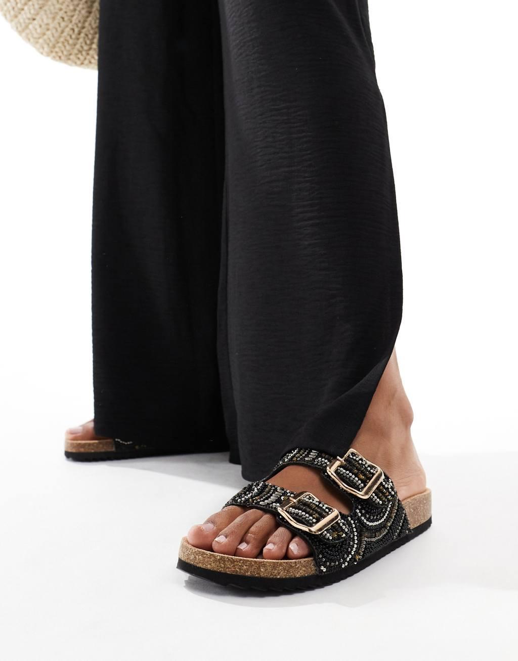 ASOS DESIGN Funky beaded double strap flat sandals in black Product Image