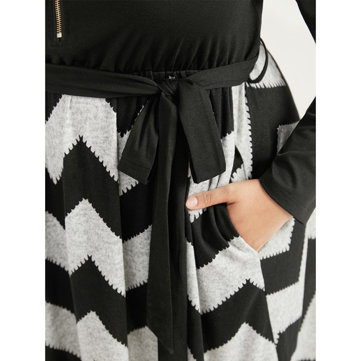 Plus Size Striped Pocket Elastic Waist Patchwork Zipper Dress Black Women Casual Zipper V-neck Long Sleeve Curvy Midi Dress BloomChic 10/M Product Image