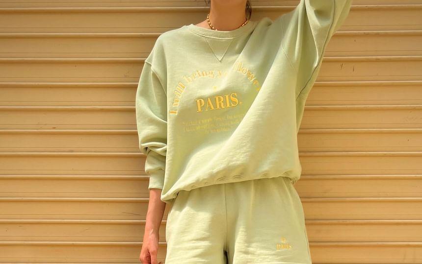 Round Neck Lettering Embroidered Sweatshirt / Elastic Waist Sweat Shorts Product Image