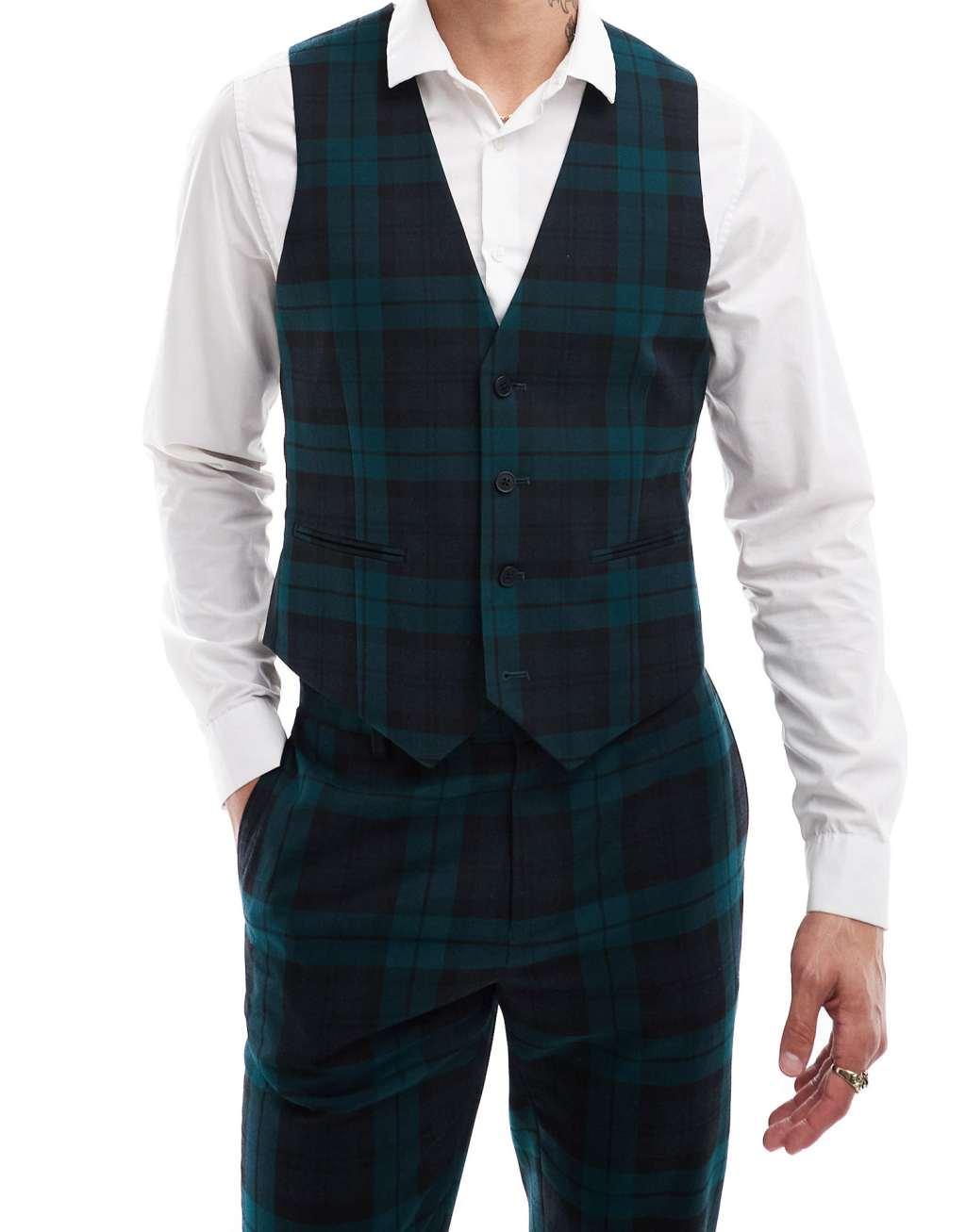 ASOS DESIGN skinny suit vest in dark green tartan Product Image