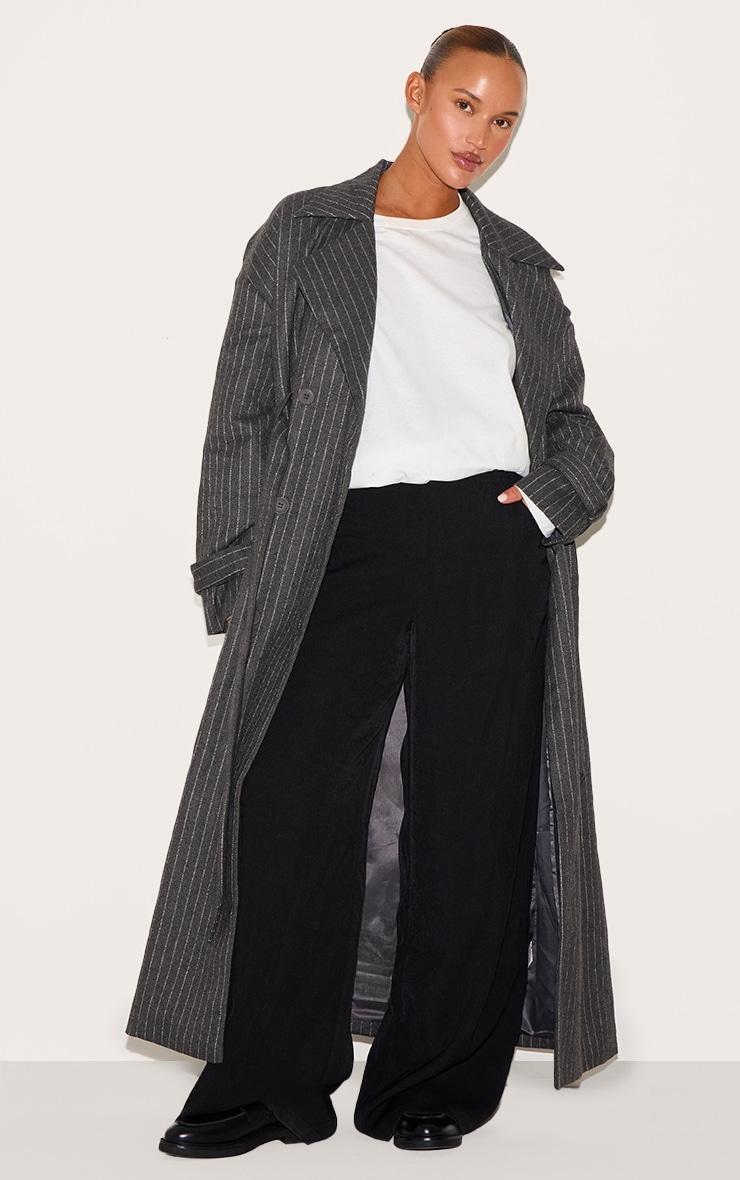 Plus Charcoal Pinstripe Wool Look Double Breasted Belted Coat Product Image