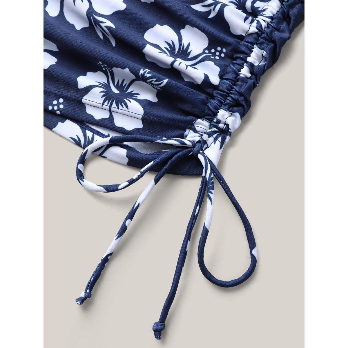 Plus Size Floral Print Adjustable Drawstring Swim Top Women's Swimwear Indigo Resort Drawstring High stretch Bodycon U-neck Curve Swim Tops BloomChic 30/6X Product Image