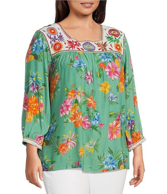 John Mark Plus Size Embroidered Floral Print Square Neck 3/4 Sleeve Peasant Top Product Image